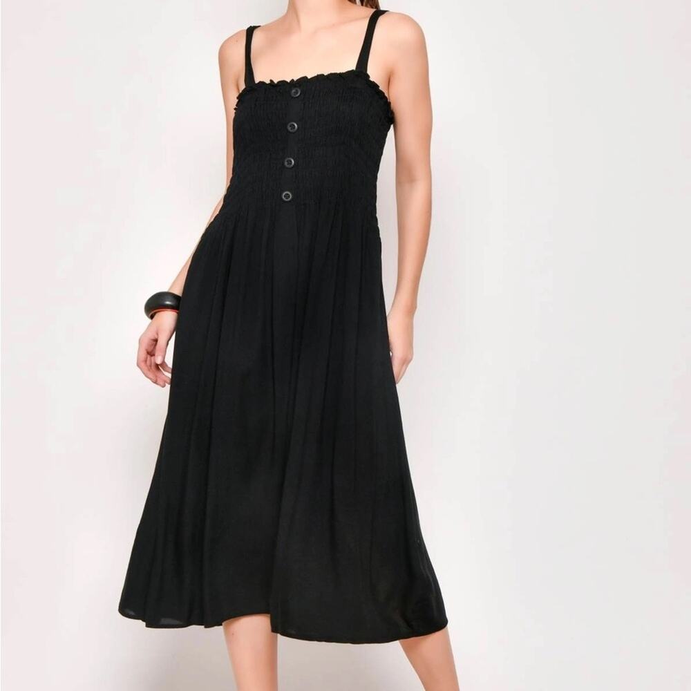 Black Smocked Sundress with Buttons
